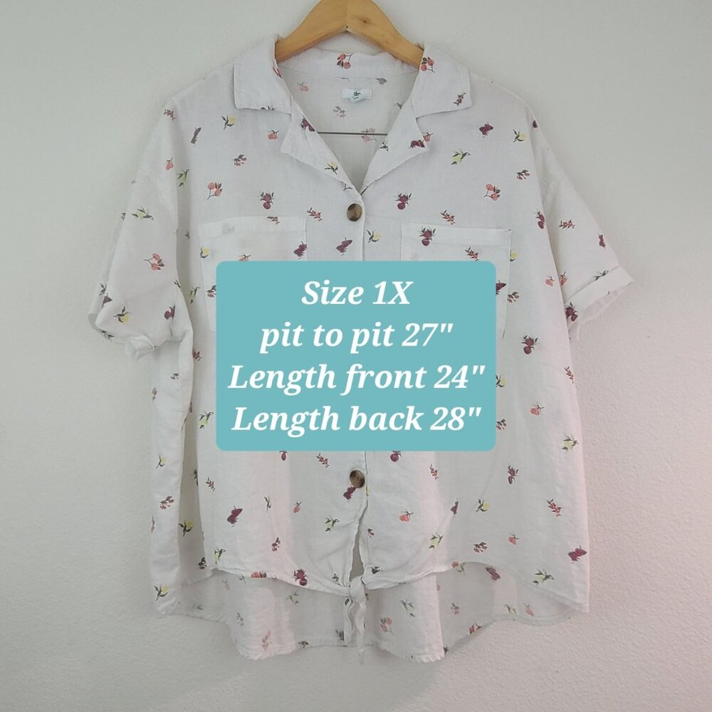 Dip Womens Sz 1X Linen Floral Fruits Button Tie Front Blouse Casual Boho Top - Picture 4 of 8